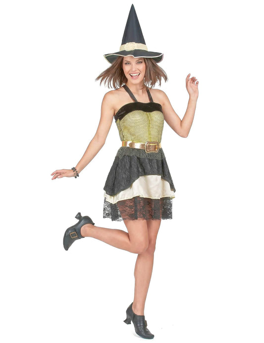 Disfarce bruxa mulher Halloween dourado