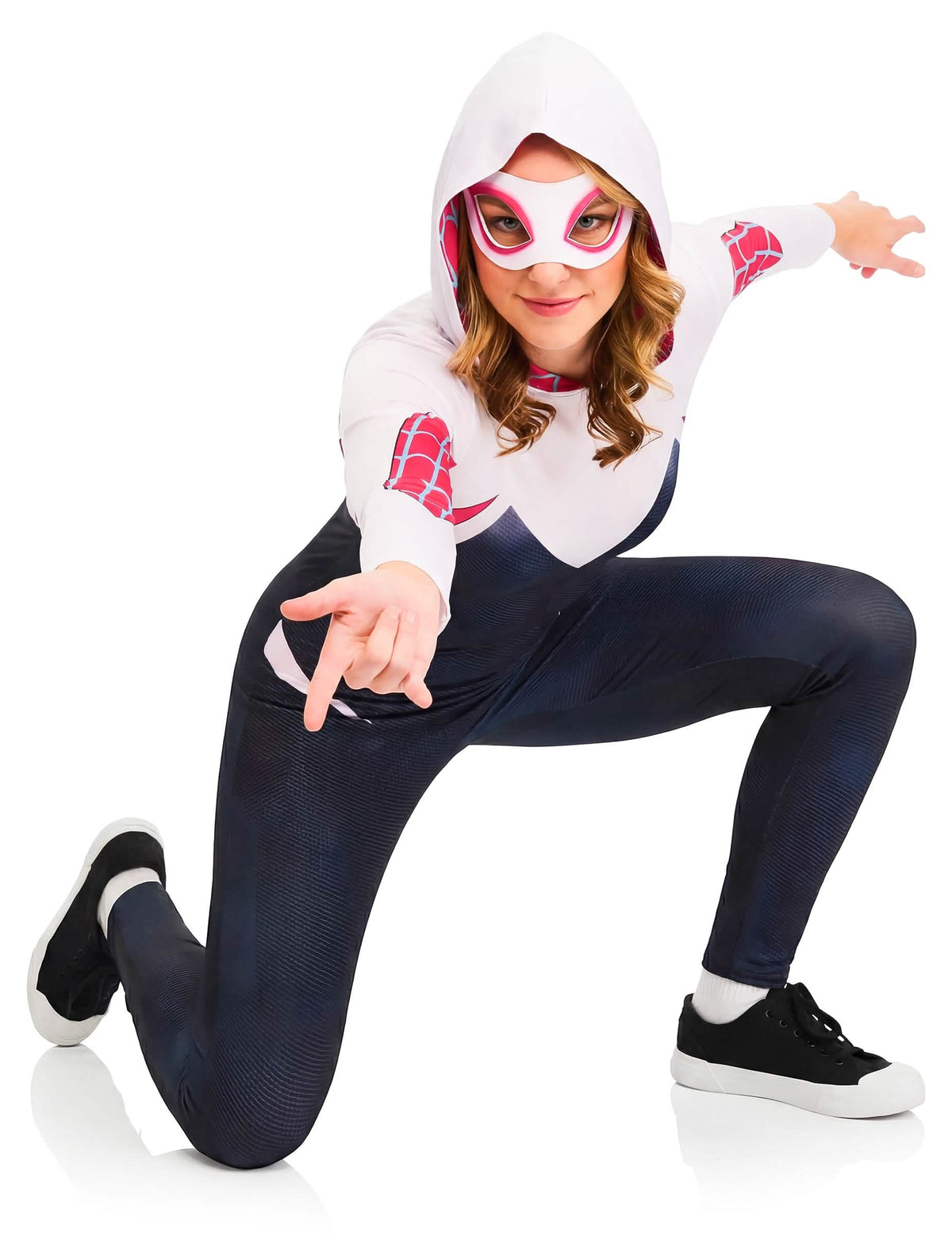 Vista frontal em posição de combate do fato de fantasia Ghost-Spider para mulher