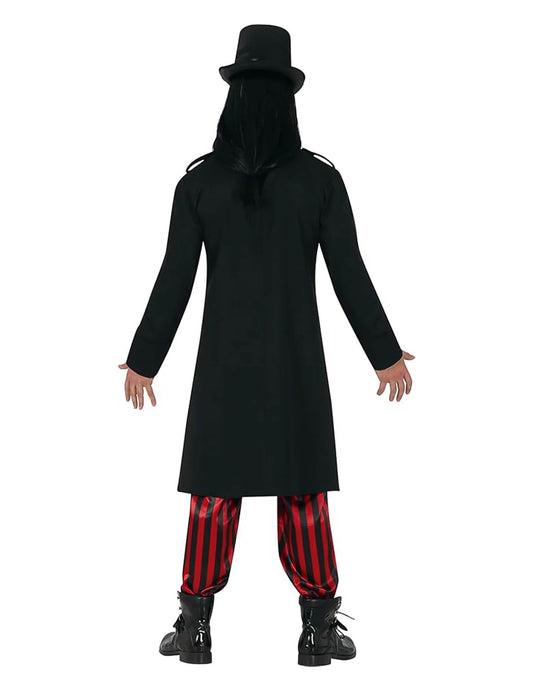 Déguisement Steampunk pour adulte noir et rouge avec haut-de-forme et lunettes