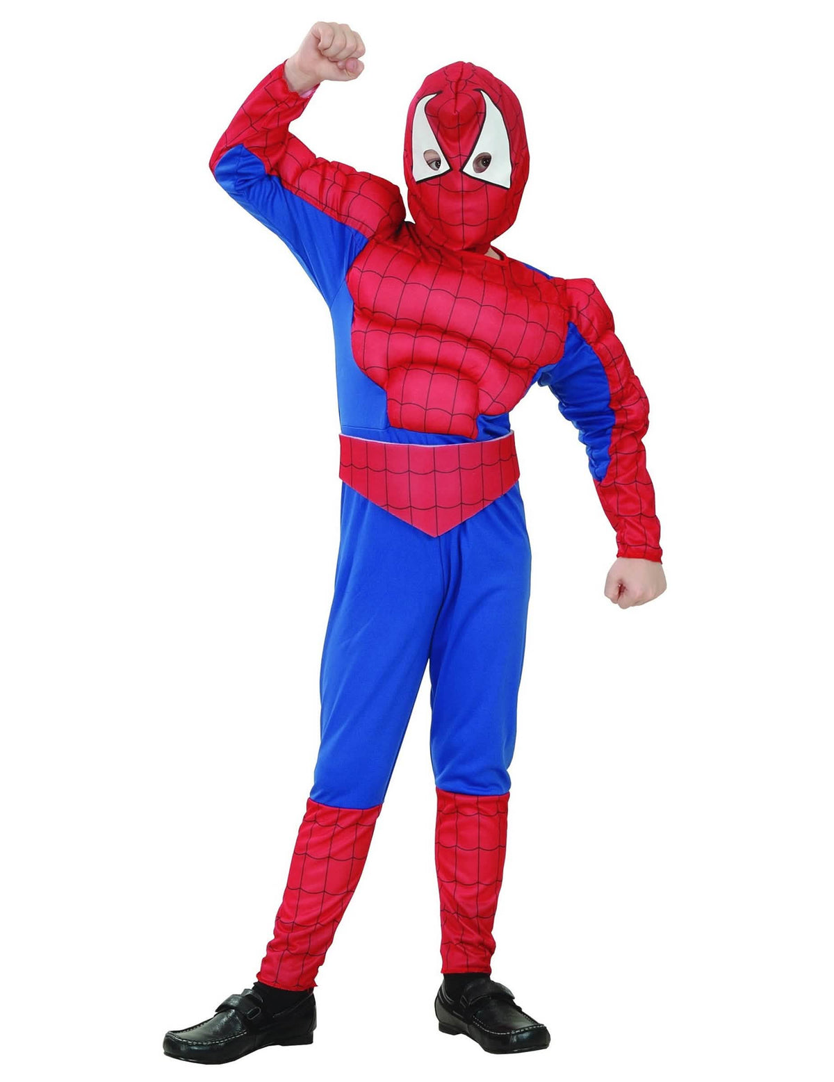 Fato de super herói homem-aranha para menino vermelho e azul com músculos acolchoados