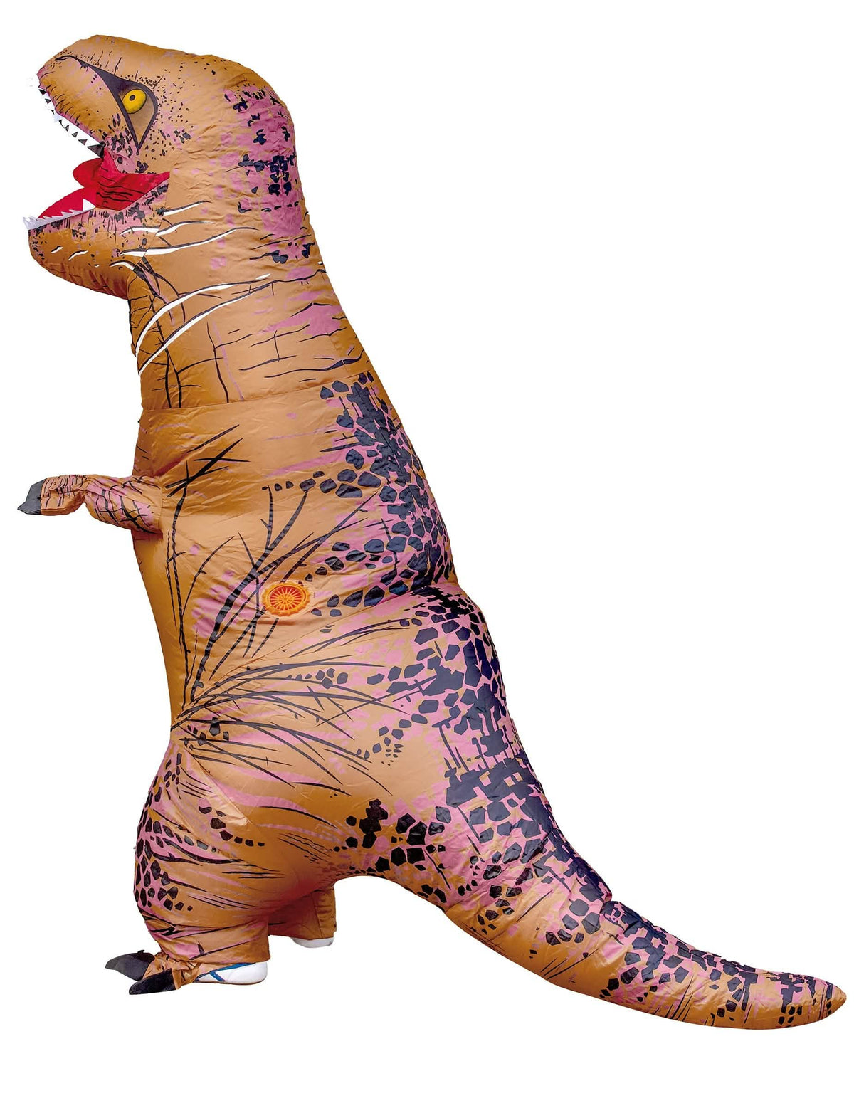 Vista de perfil do disfarce carry me de T-rex para adulto