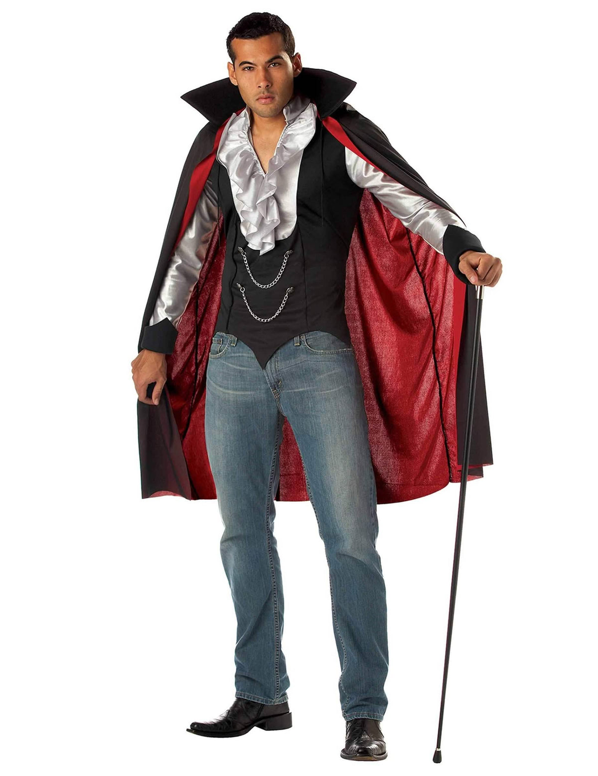 Fato de vampiro cavalheiro para homem halloween preto e vermelho com jabot prateado