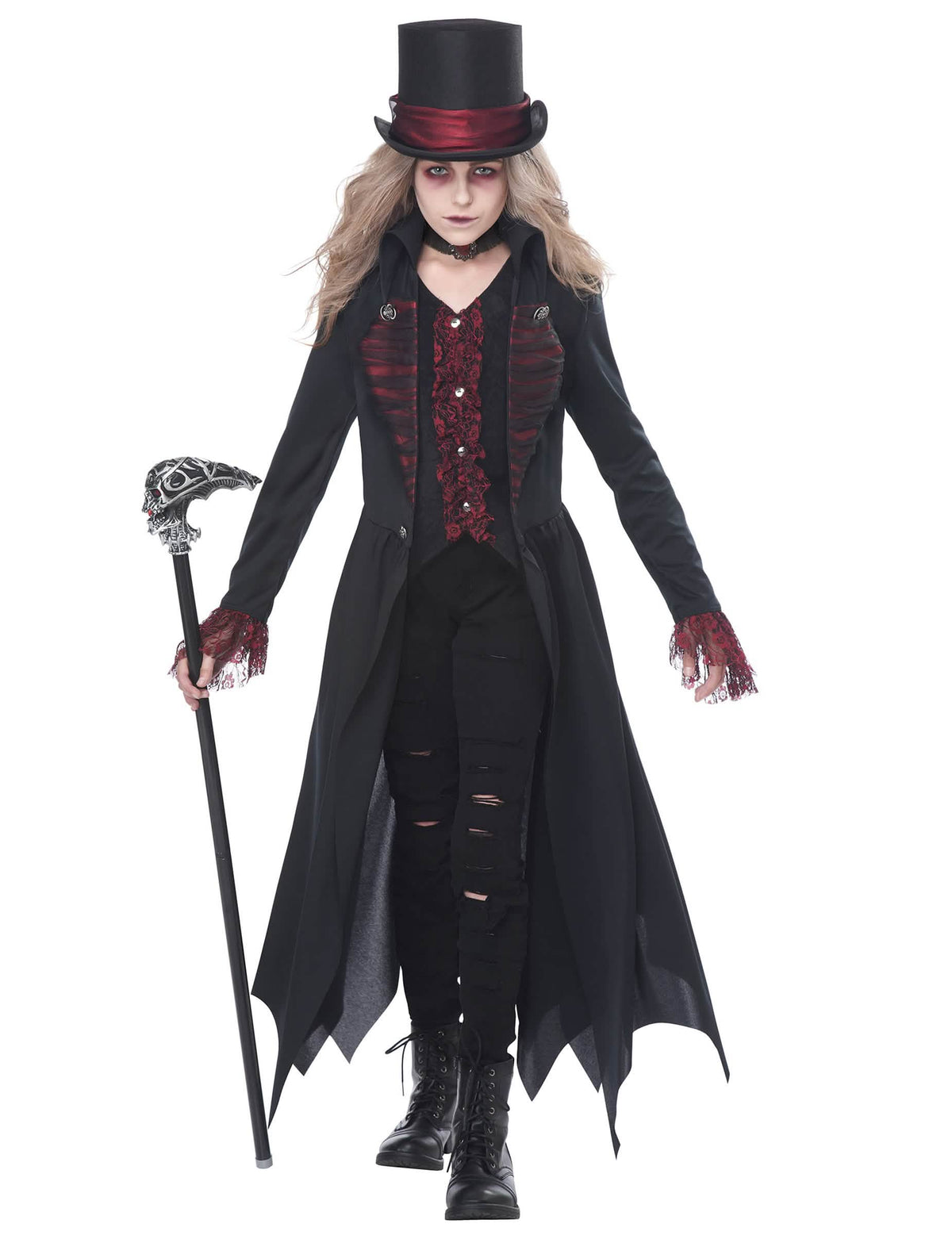Vue de face avec canne du déguisement vampire gothique luxe pour fille