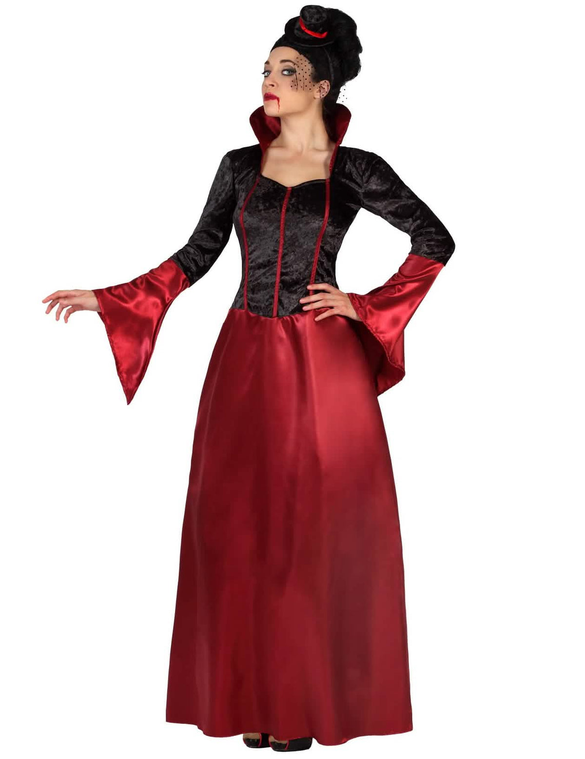 Fato de vampira para mulher vermelho e preto com gola alta