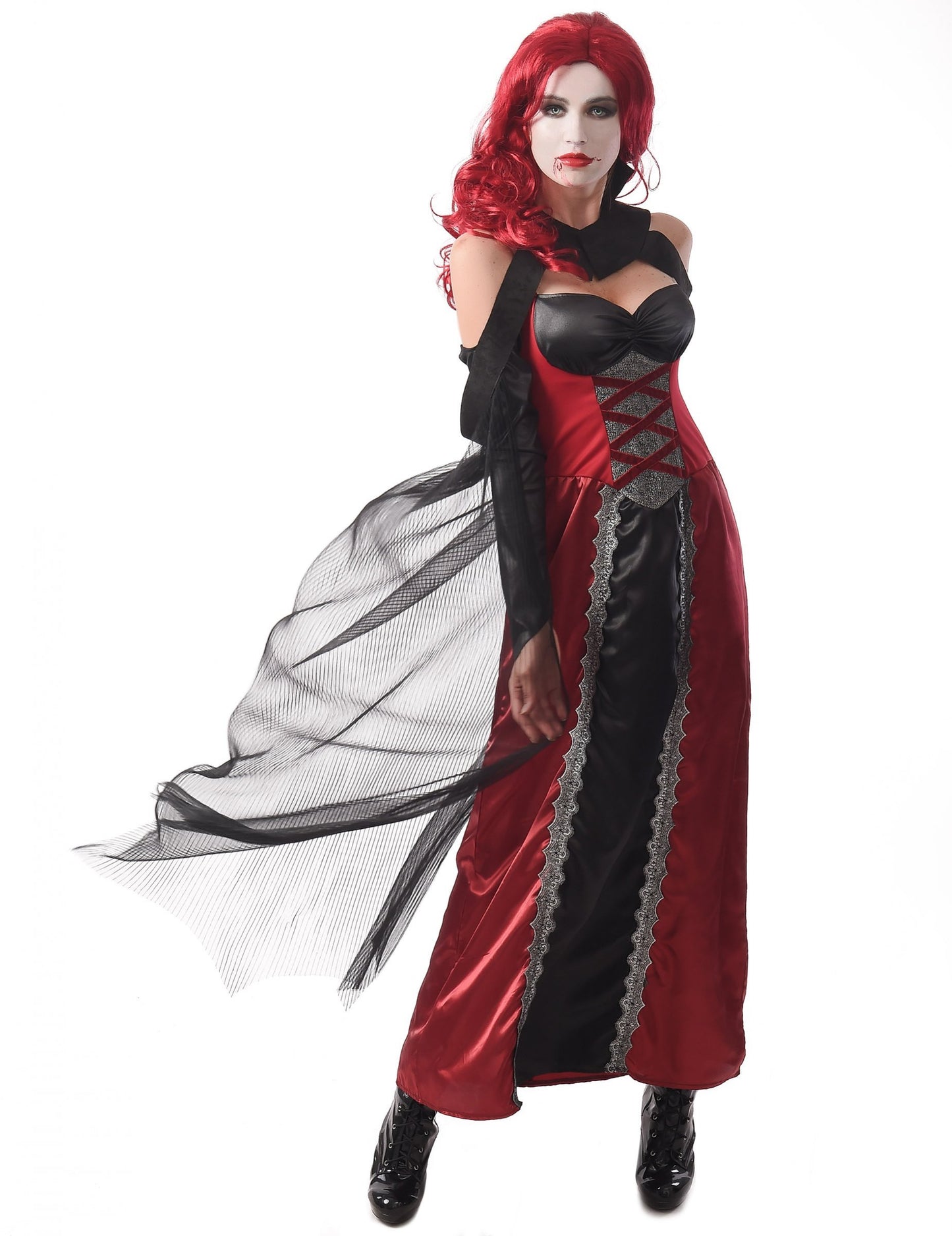 Déguisement vampire sexy pour femme rouge et noir avec voile en tulle