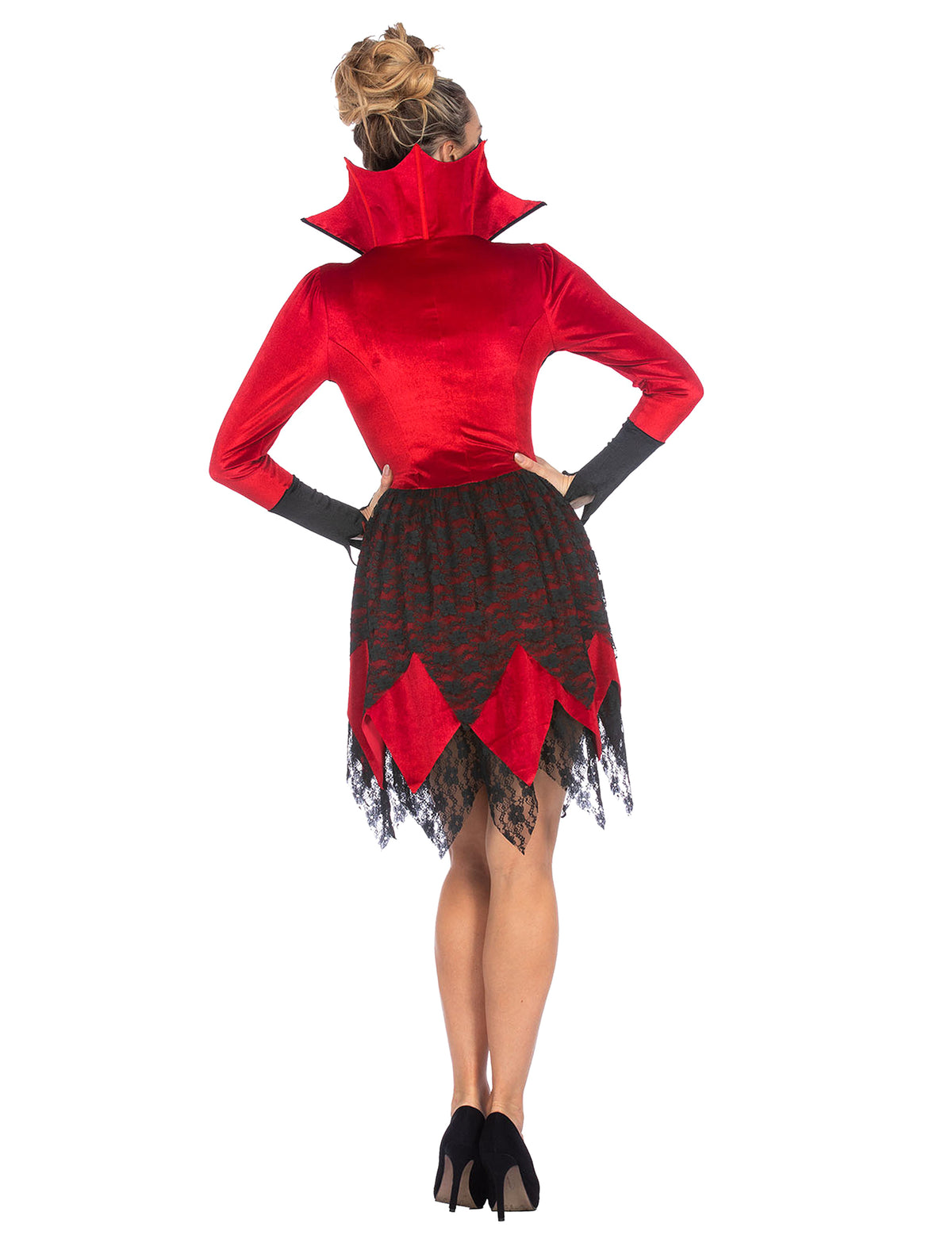 Fato de vampira em veludo vermelho e preto de luxo para mulher