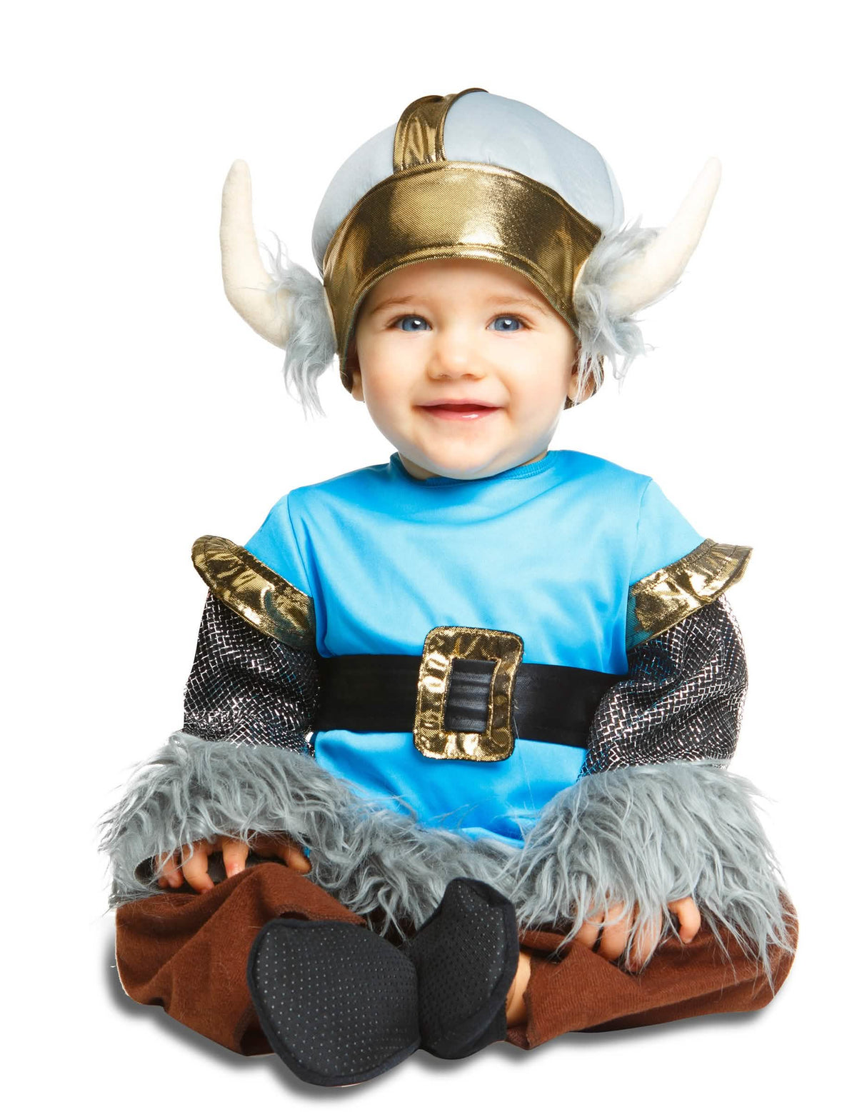 Fato de viking para bebé azul e dourado com capacete com cornos