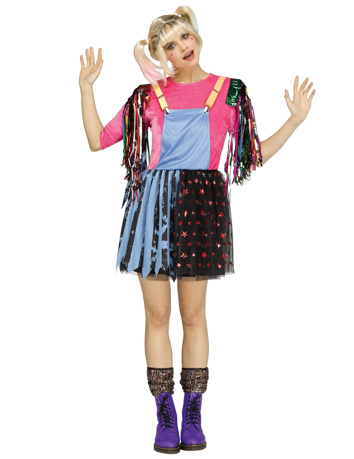 Fato de vilã arlequim para mulher cor de rosa, azul e preto com franjas multicolores