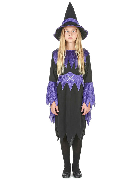 Déguisement de sorcière pour fille violet et noir avec chapeau pointu