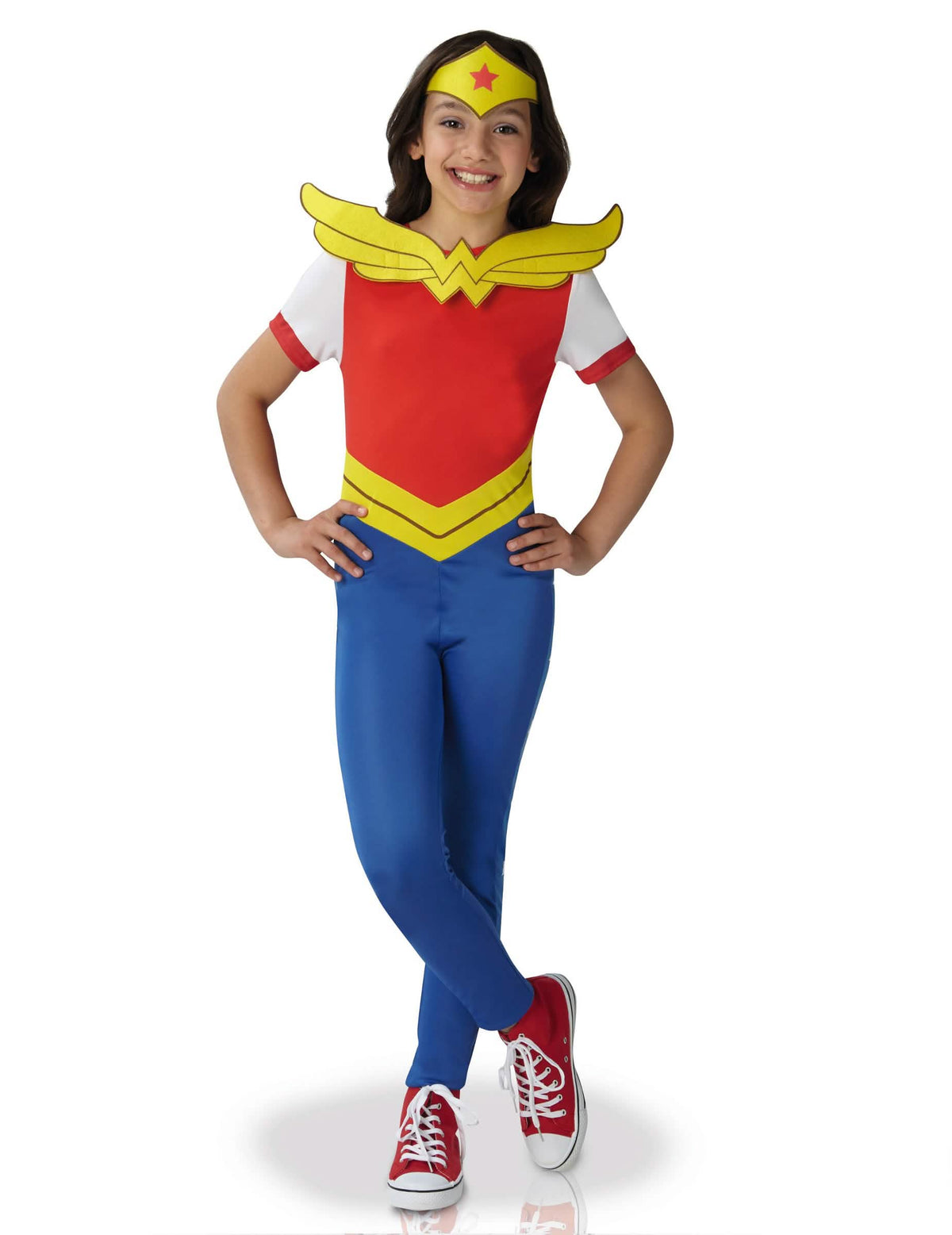 Fato clássico Wonder Woman Super Hero Girl para menina vermelho azul e amarelo com bandana