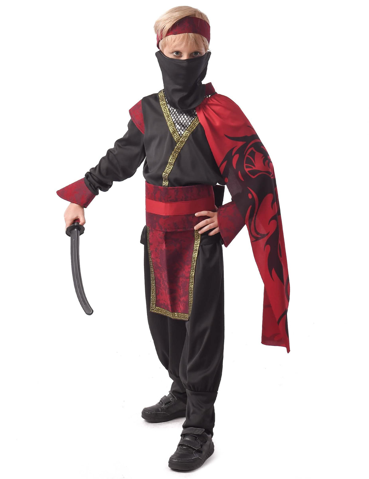 Fato de ninja dragão vermelho para menino preto e vermelho com máscara e sabre