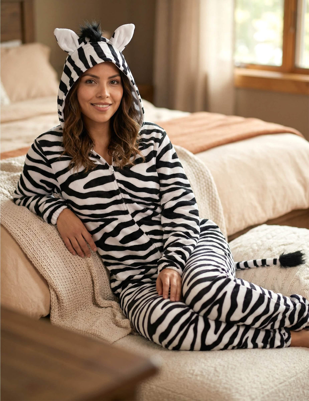 Vista sentada do disfarce de zebra para mulher