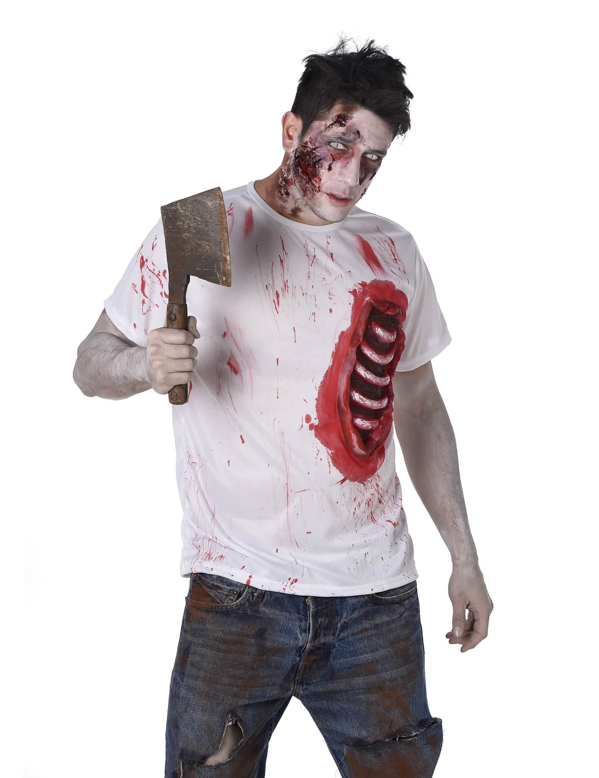 Cutelo ensanguentado segurado pelo modelo do disfarce de zombie com costelas em látex