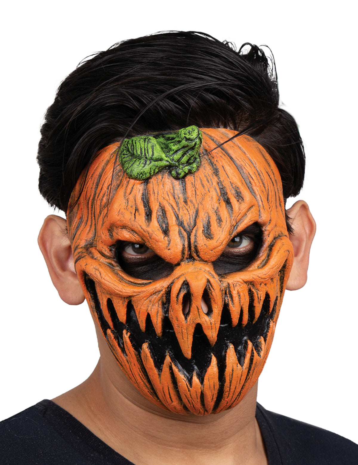 Meio máscara abóbora assombrada para adulto cor de laranja e preto com folha verde
