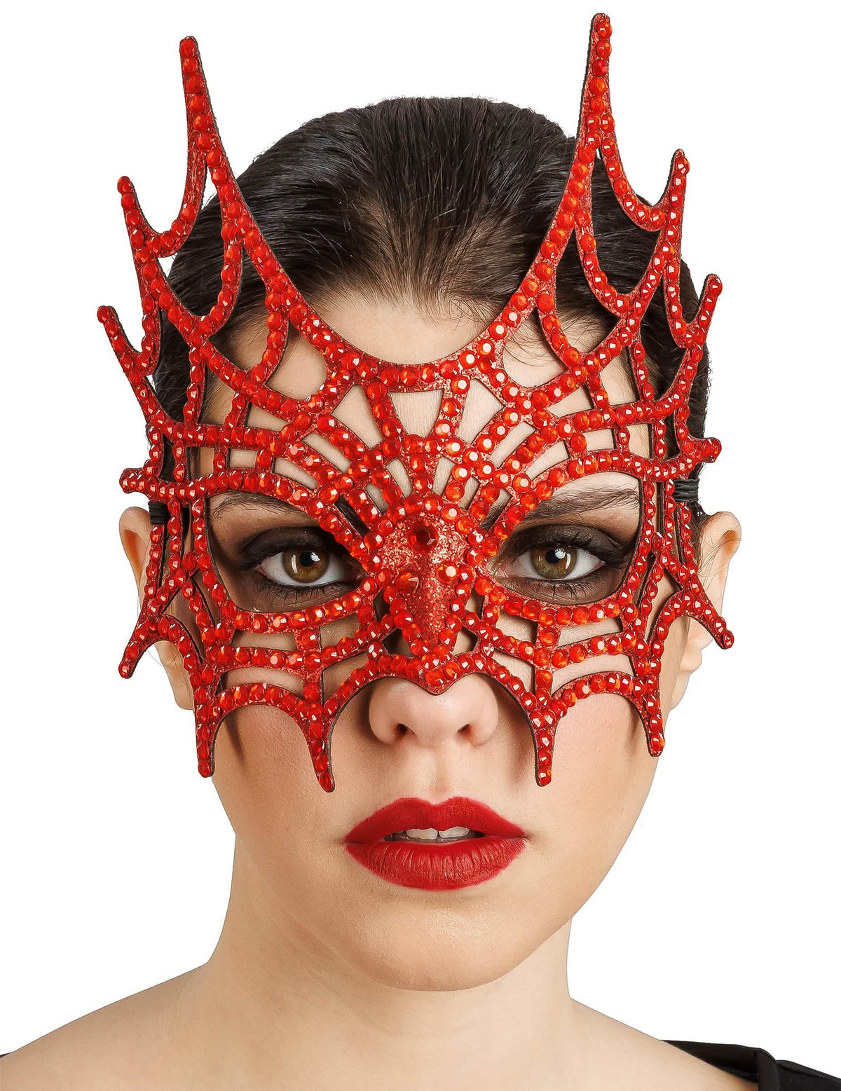 Meia-máscara de teia de aranha com strass vermelho para adulto