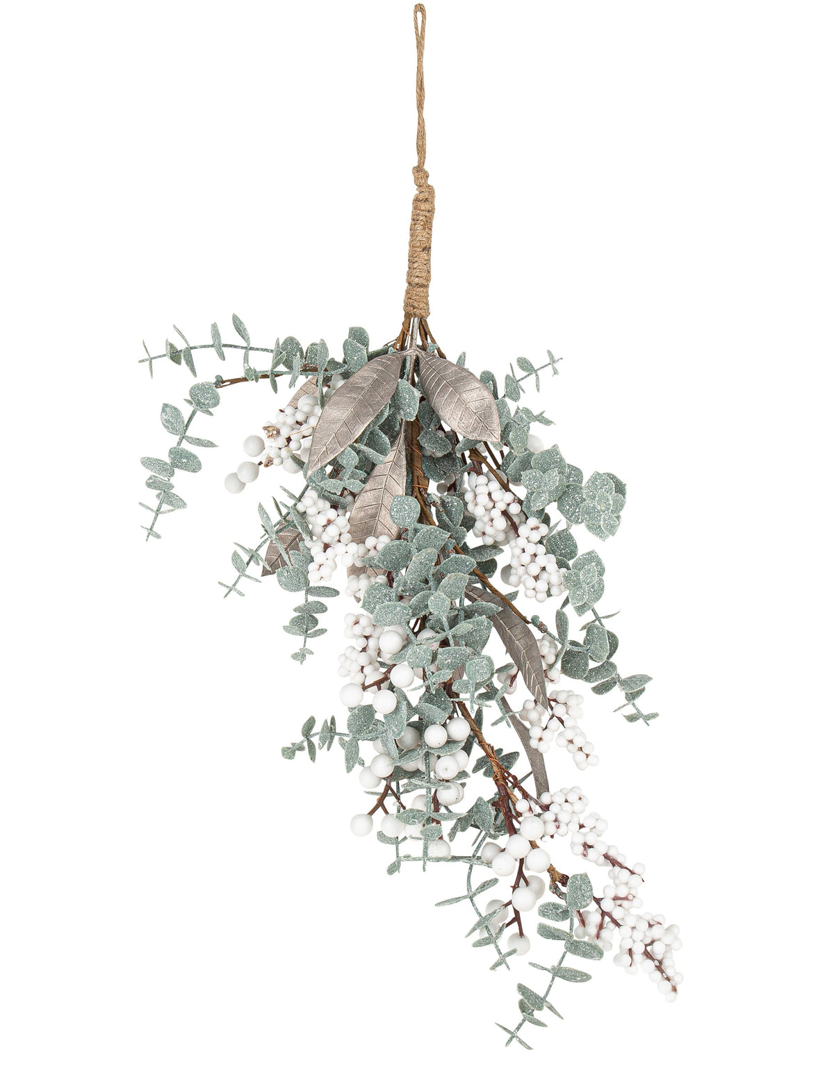 Descente de branches eucalyptus de Noël paillettes irisées et baies blanches