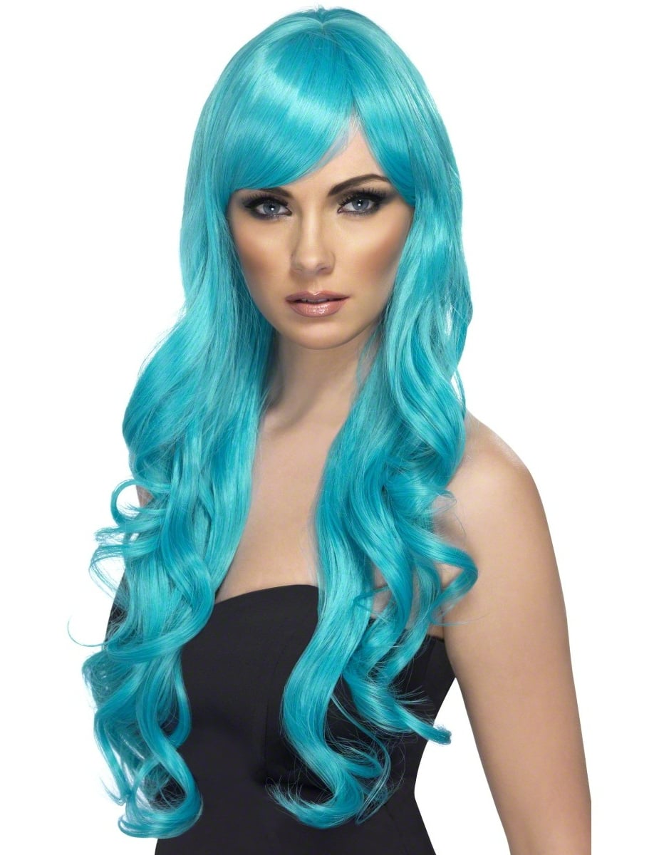 Peruca longa ondulada para mulher azul-turquesa