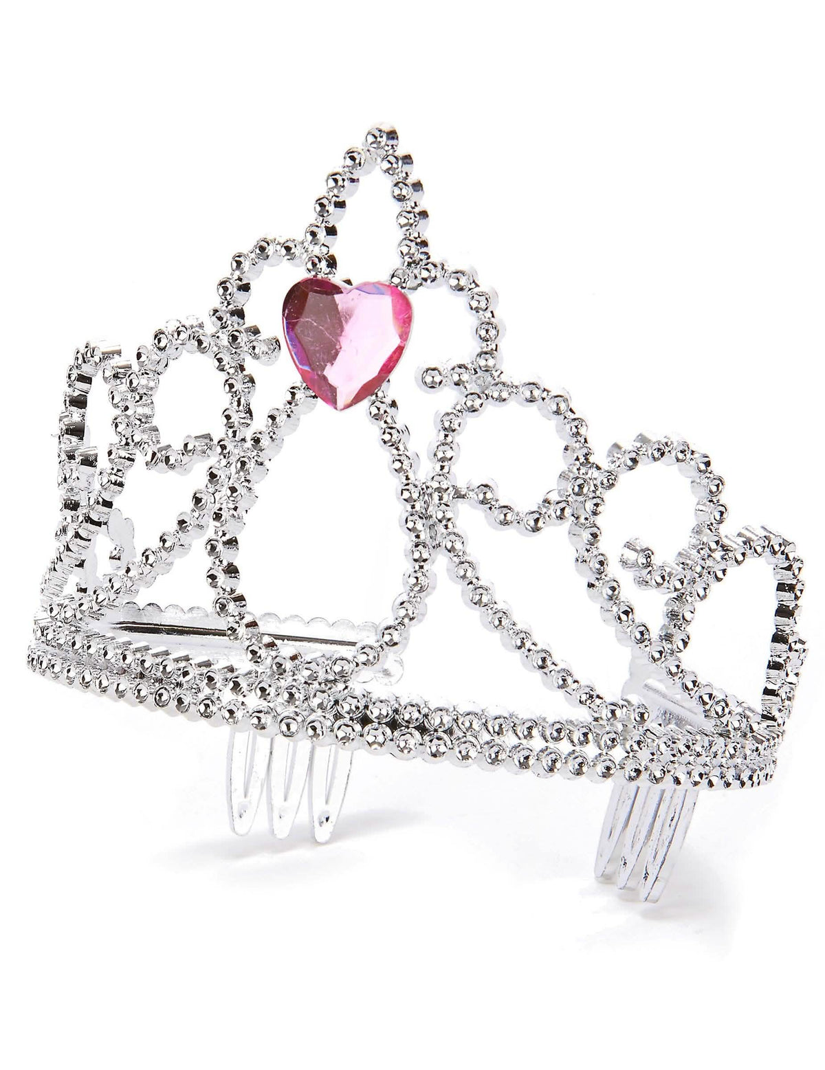 Vista de três quartos e pentes de fixação da tiara princesa coração