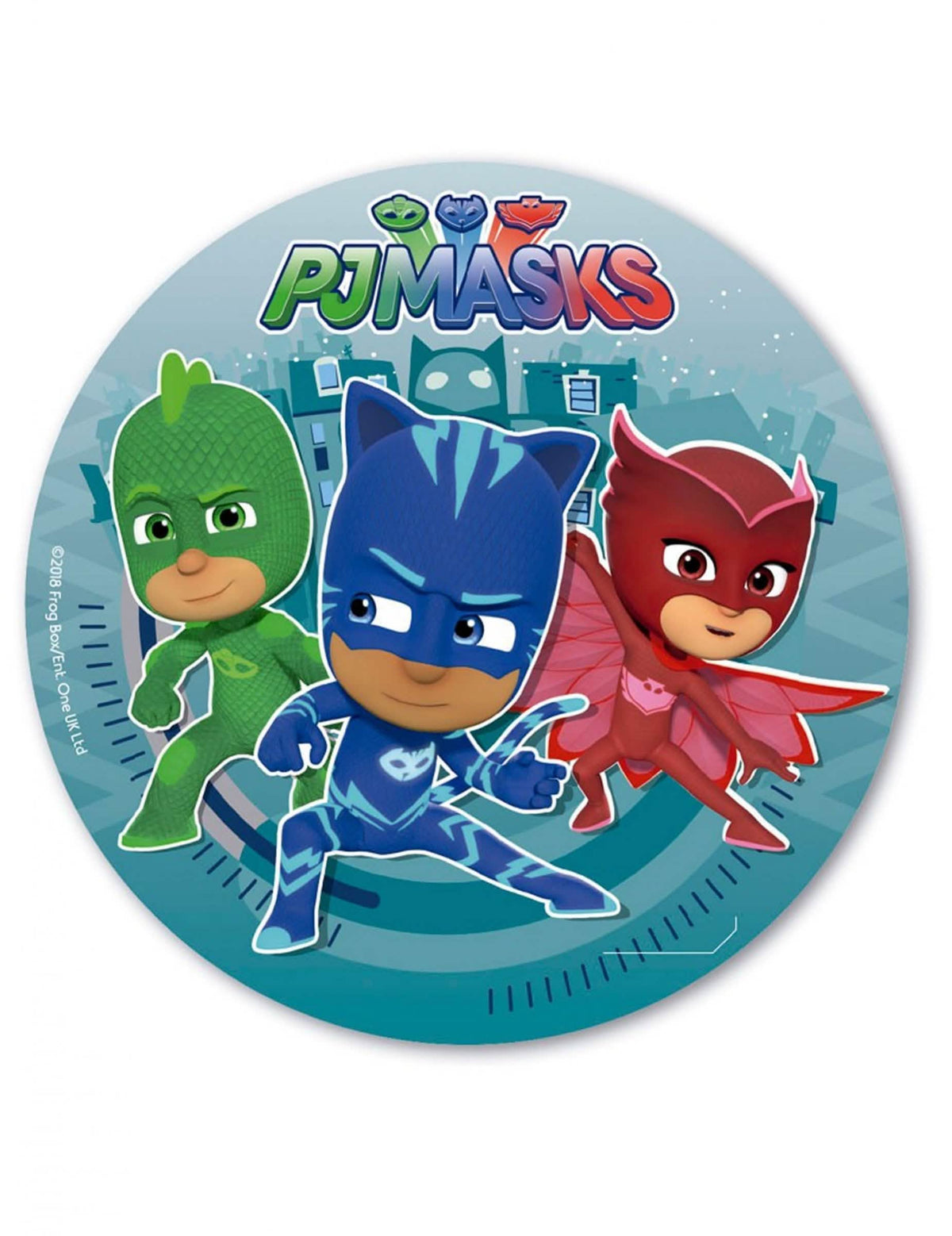 Discos de obreia PjMasks para bolo azul verde e vermelho com Yoyo, Bibou e Gluglu