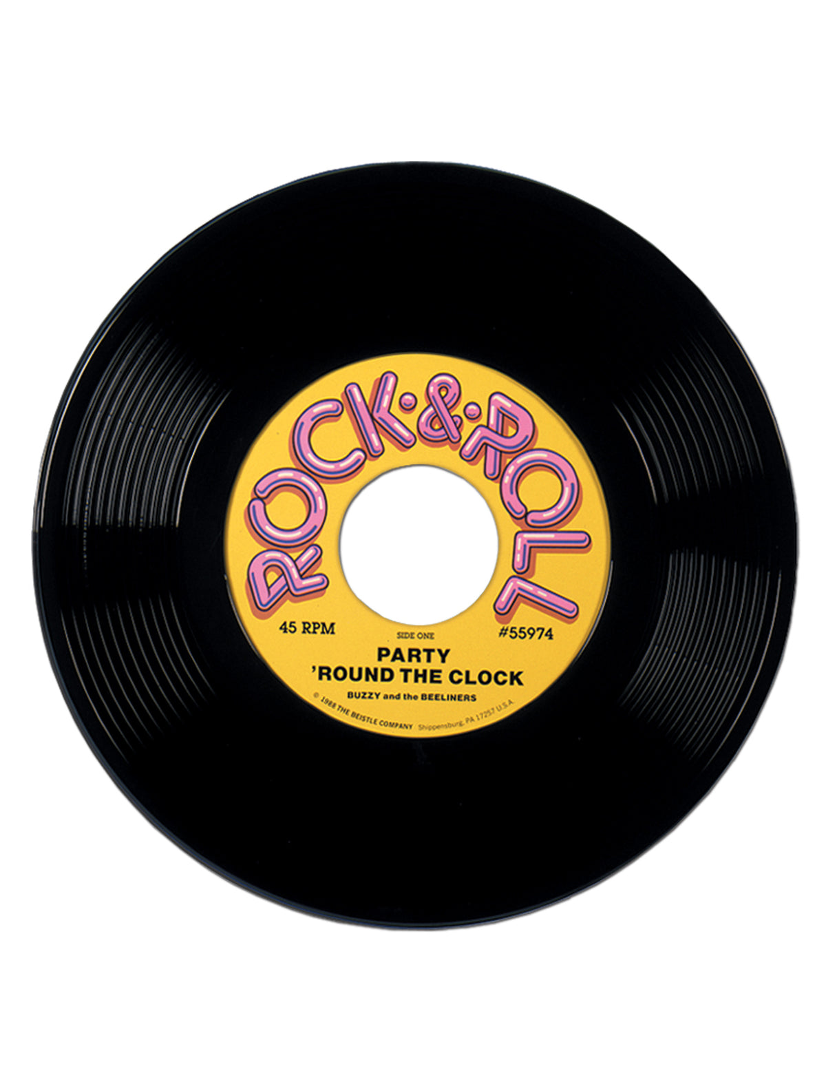 Disque vinyle géant décoration années 50 pour fête noir avec étiquette jaune Rock & Roll