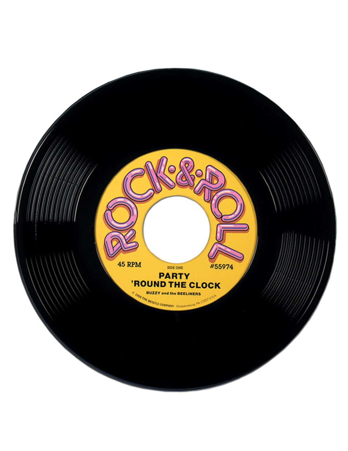 Disco de vinil gigante decoração anos 50 para festa preto com etiqueta amarelo rock & Roll
