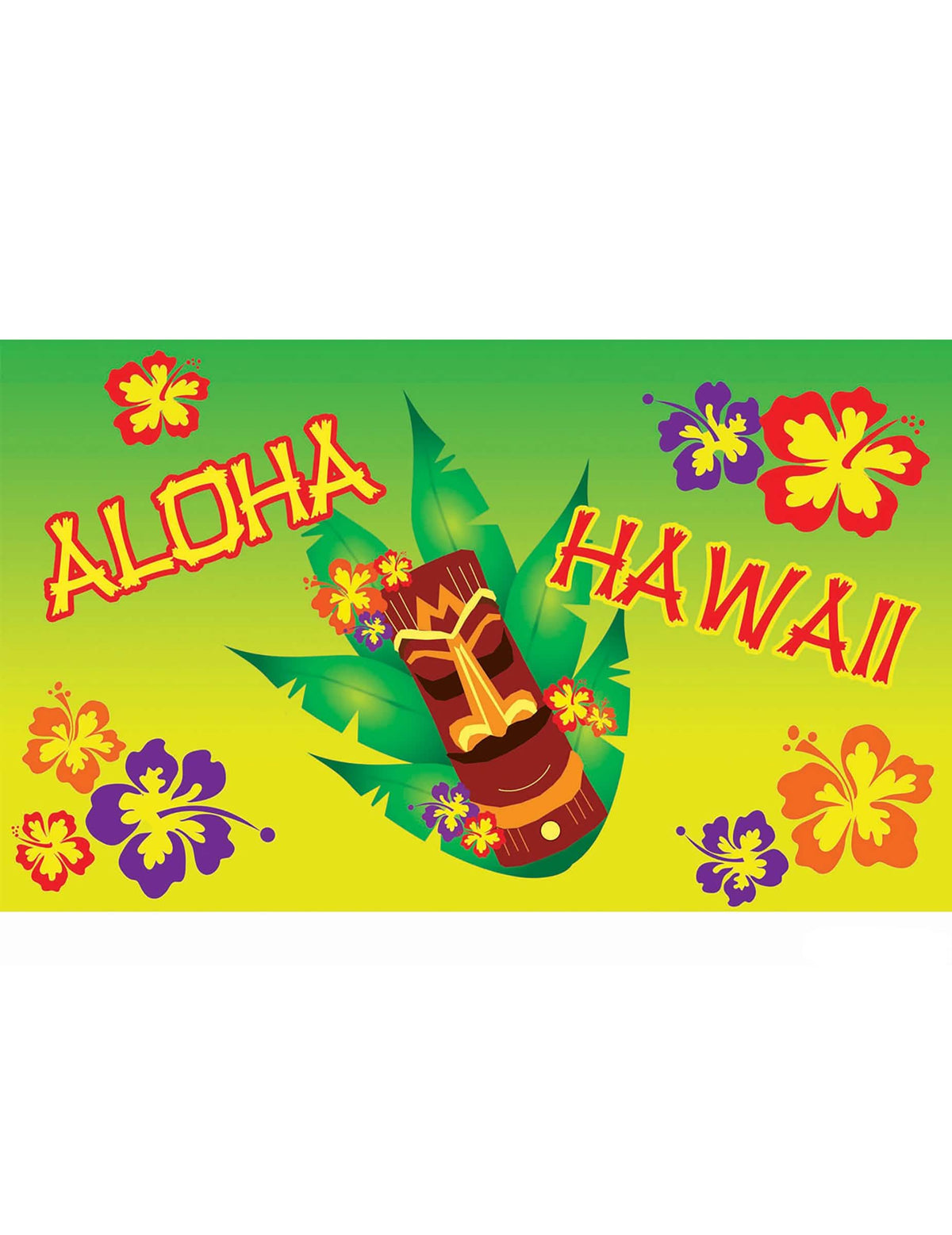 Decoração de parede Aloha verde e amarelo com Tiki e flores de hibisco