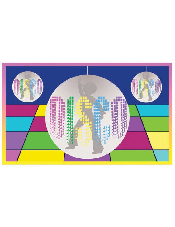 Bandeira disco para festa multicores com bolas de espelhos e silhuetas de bailarinos