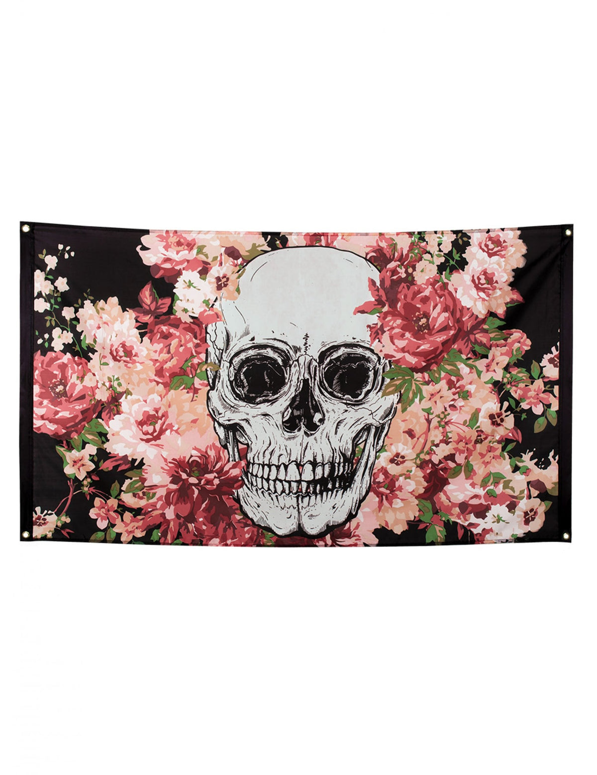 Drapeau squelette fleuri noir avec roses rouges et roses
