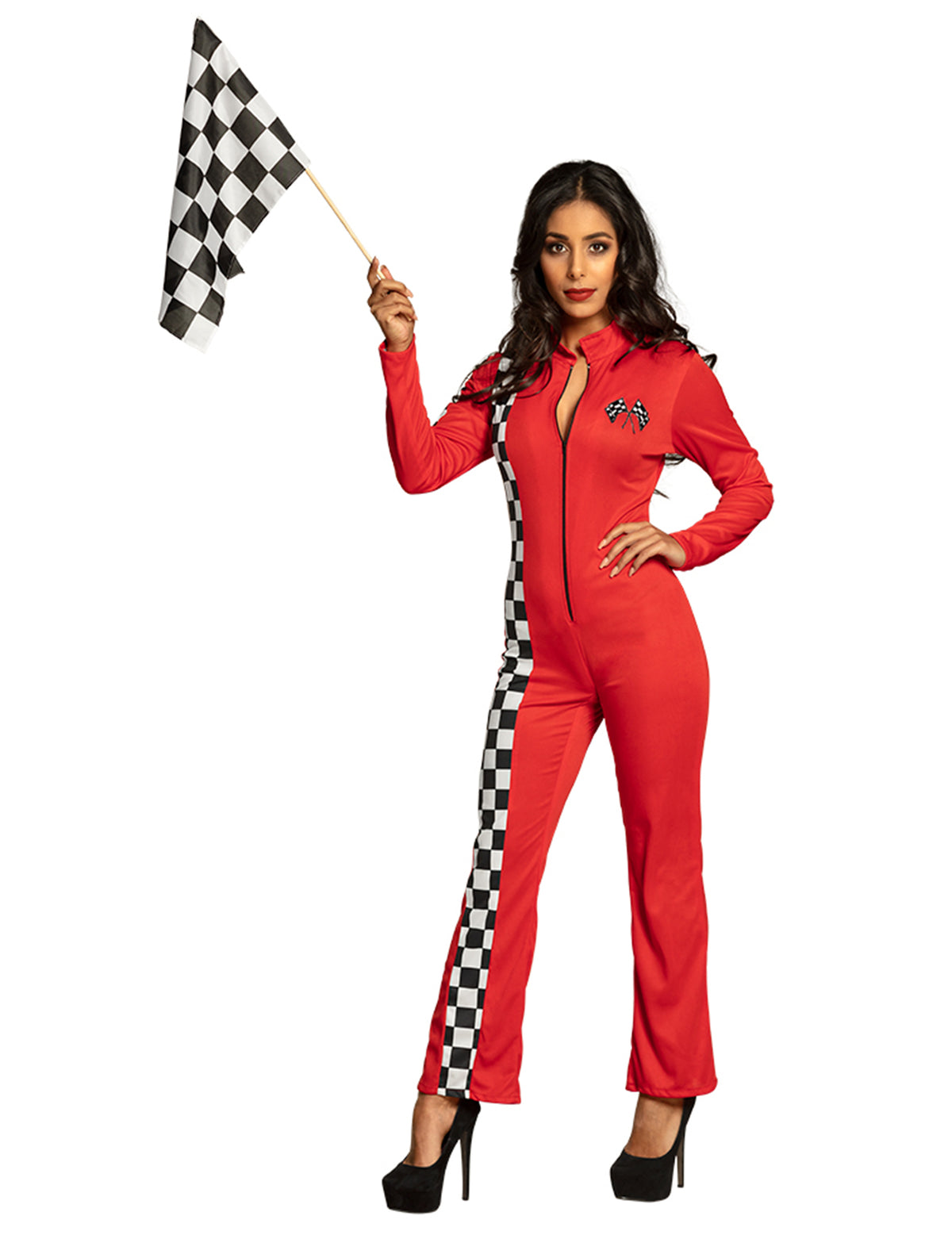Drapeau tenu par un mannequin du Drapeau Finisher pour fête noir et blanc à damier