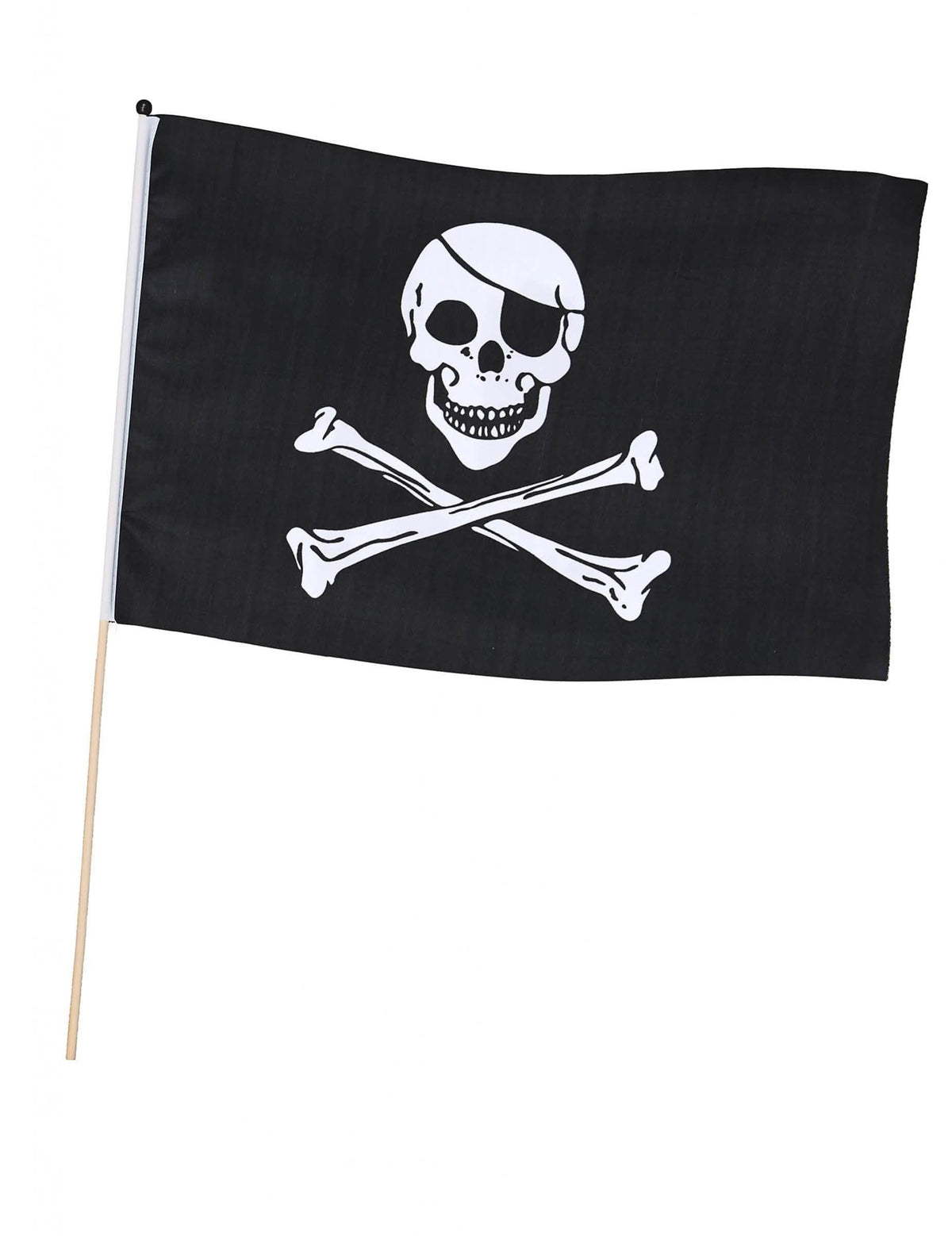 Bandeira em haste de pirata preto com caveira com tapa-olho e ossos cruzados