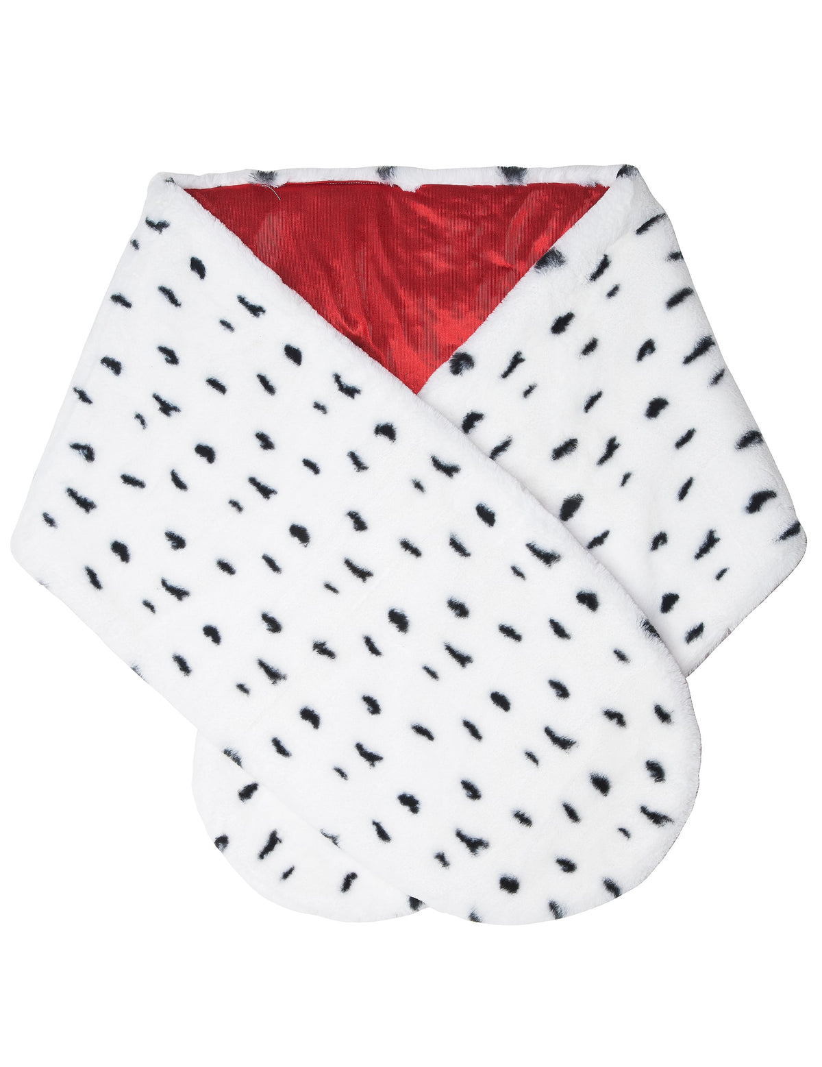 Détail de la doublure rouge de l'écharpe en faux dalmatien