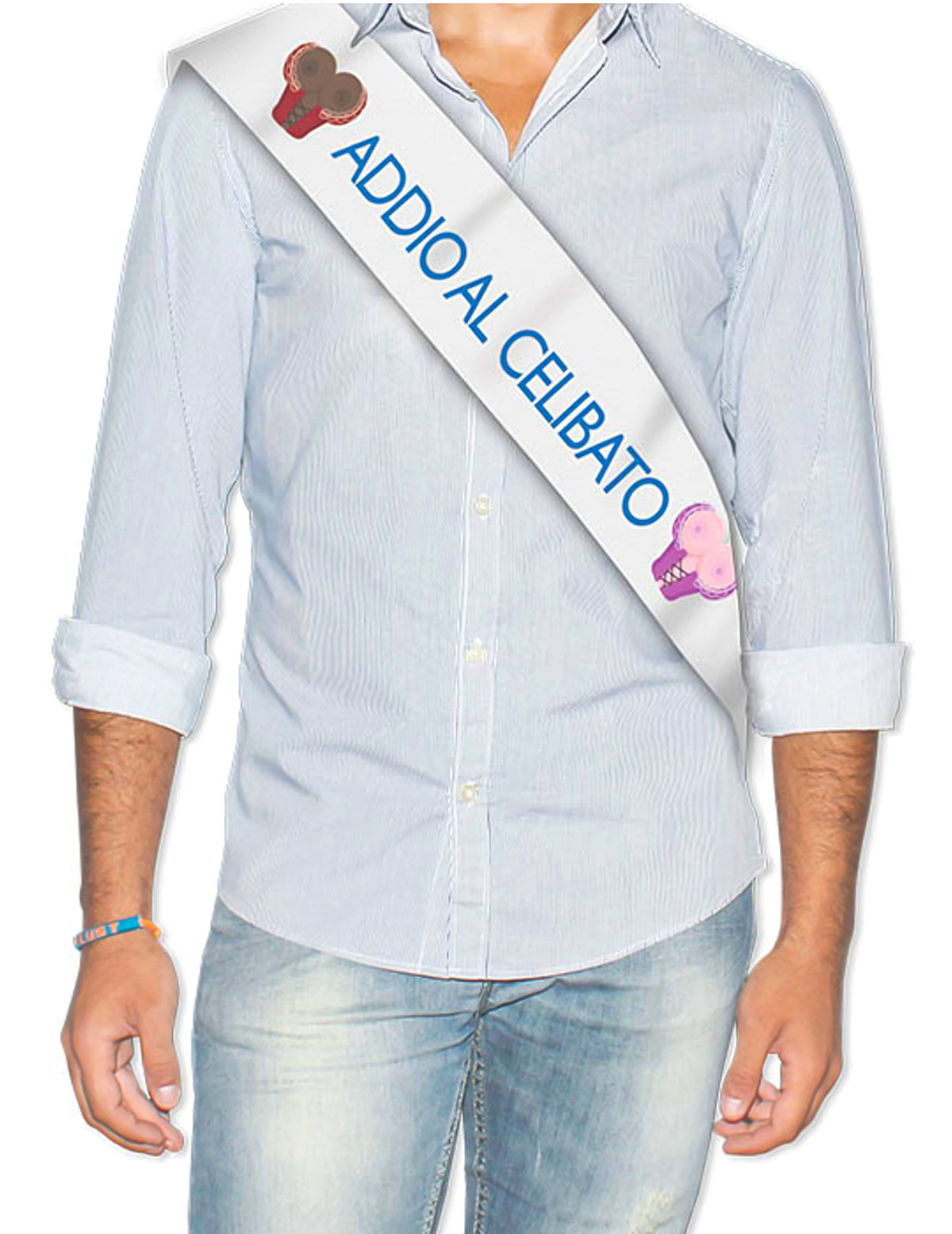 Echarpe métallisée despedida de solteiro para homem branca e azul com motivos humorístico