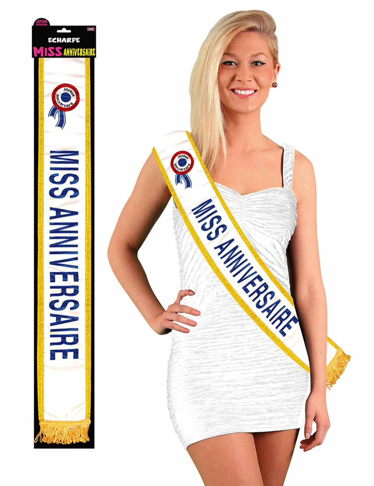 Cachecol Miss aniversário para mulher branca e dourada