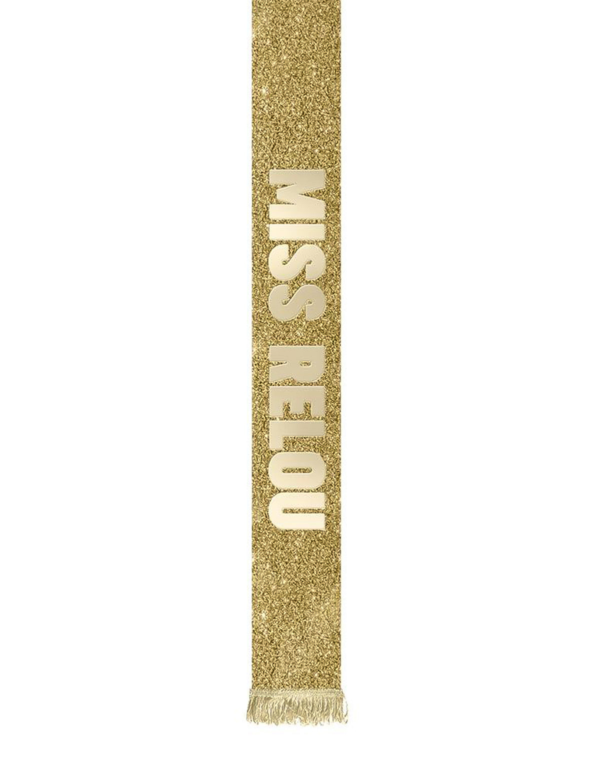 Détail de l'inscription de l'écharpe Miss Relou à paillettes