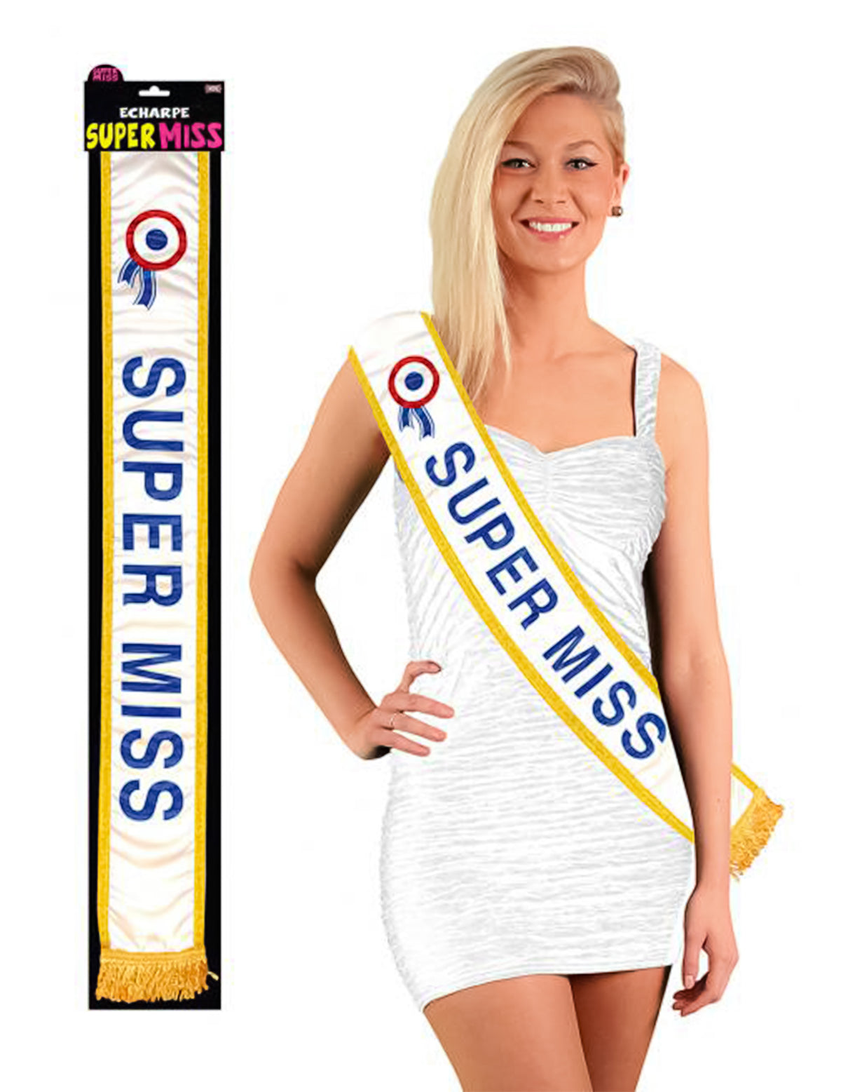 Echarpe Super miss pour femme blanche à liseré doré et cocarde tricolore