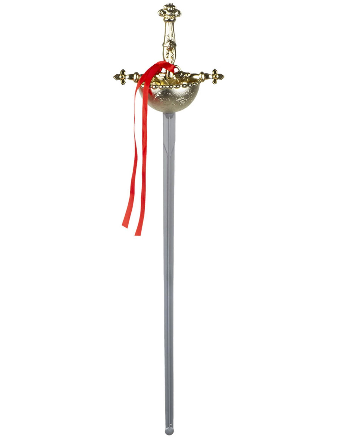 Espada de mosqueteiro prateada e dourada com fita vermelha