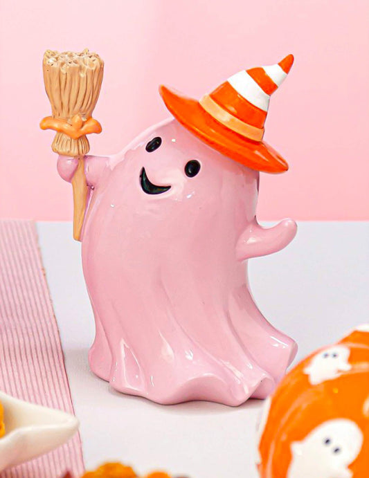 Fantasma de resina com vassoura rosa pastel 15 cm