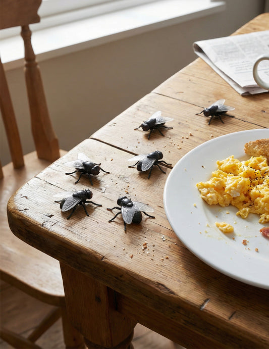 Mise en situation sur une table des fausses mouches farces et attrapes