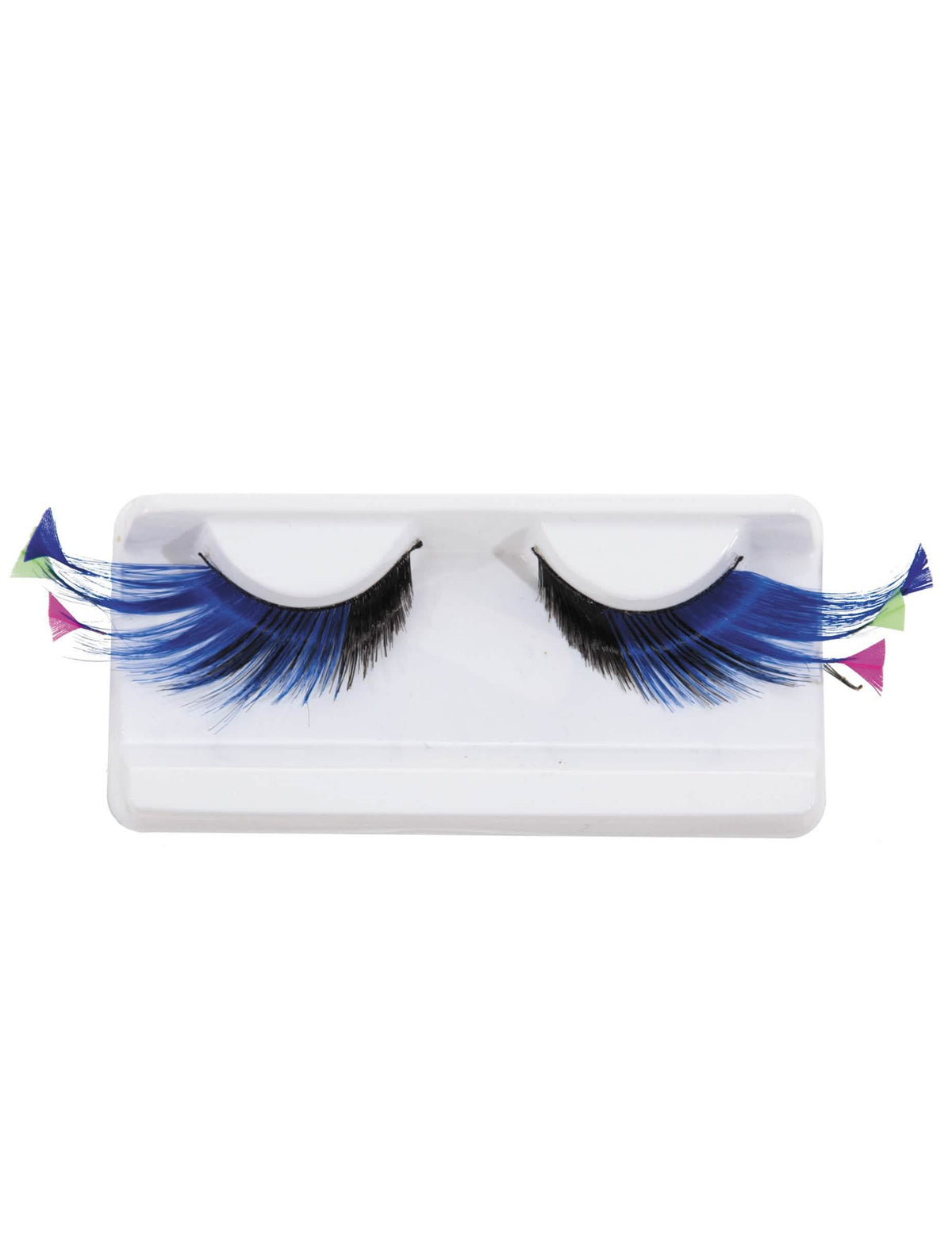 Vue de face de la paire de faux cils longs avec plumes fluo pour adulte