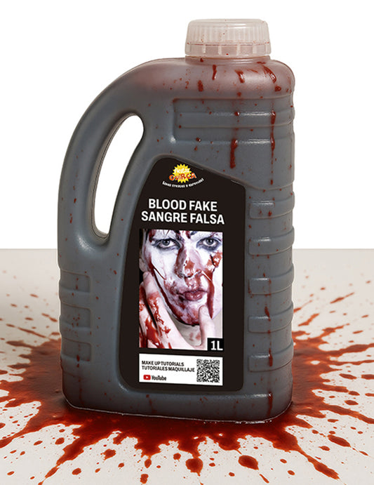 Mise en situation avec éclaboussures du faux sang Halloween pour adulte rouge liquide