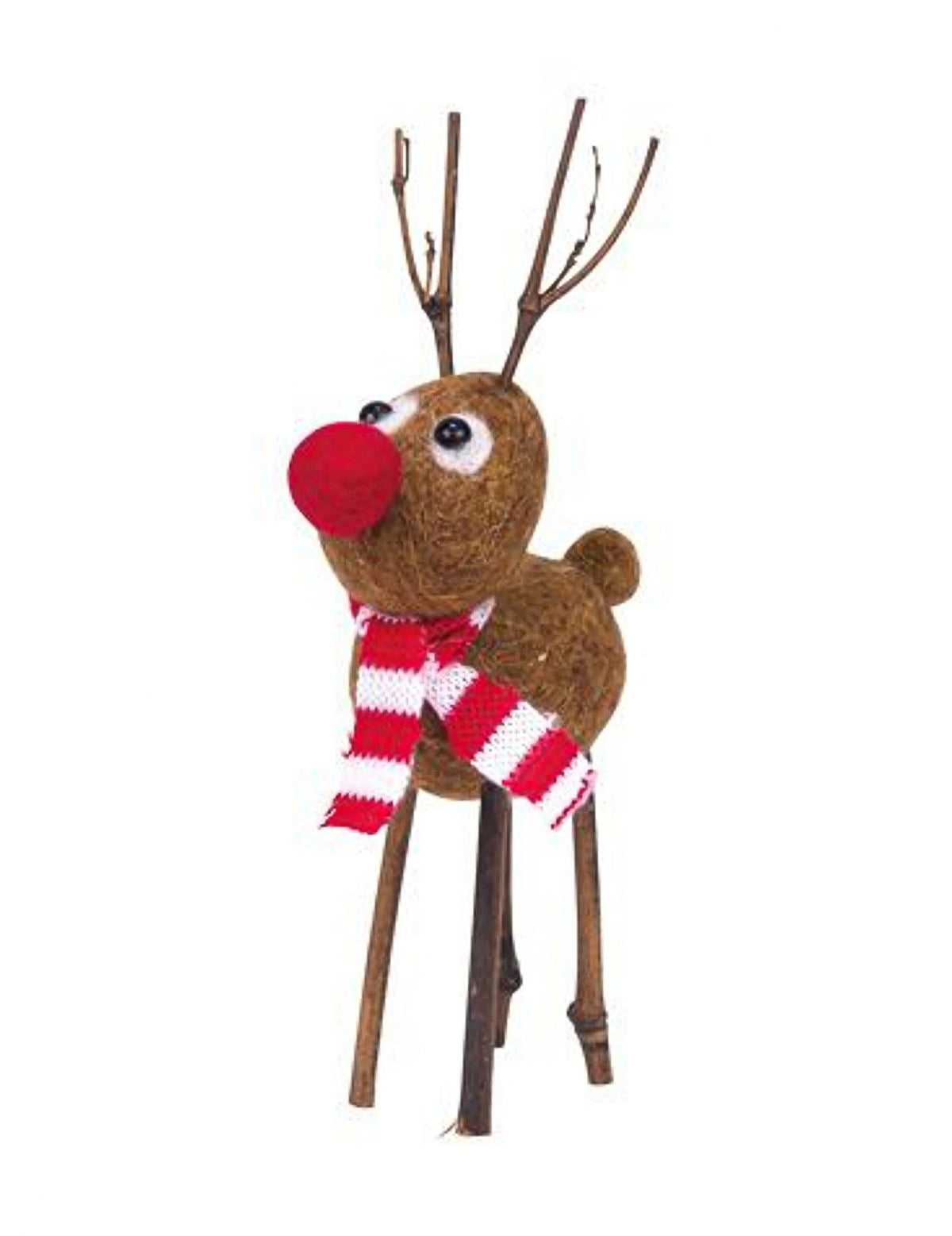 Figurina em lã feltrada de rena Rudolph para decoração castanha com nariz vermelho e cachecol às riscas