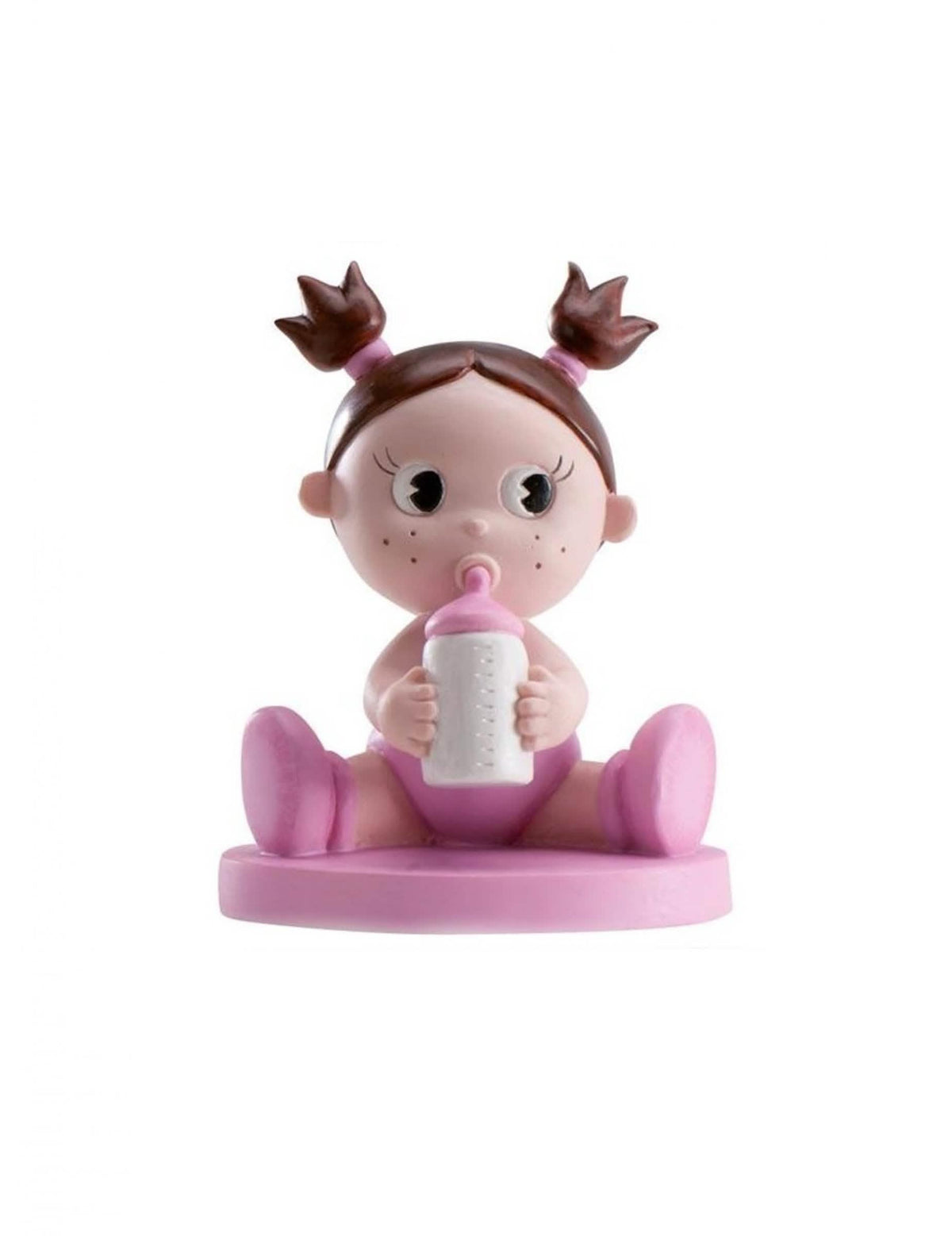 Figurina em resina menina com biberão para baby shower cor de rosa