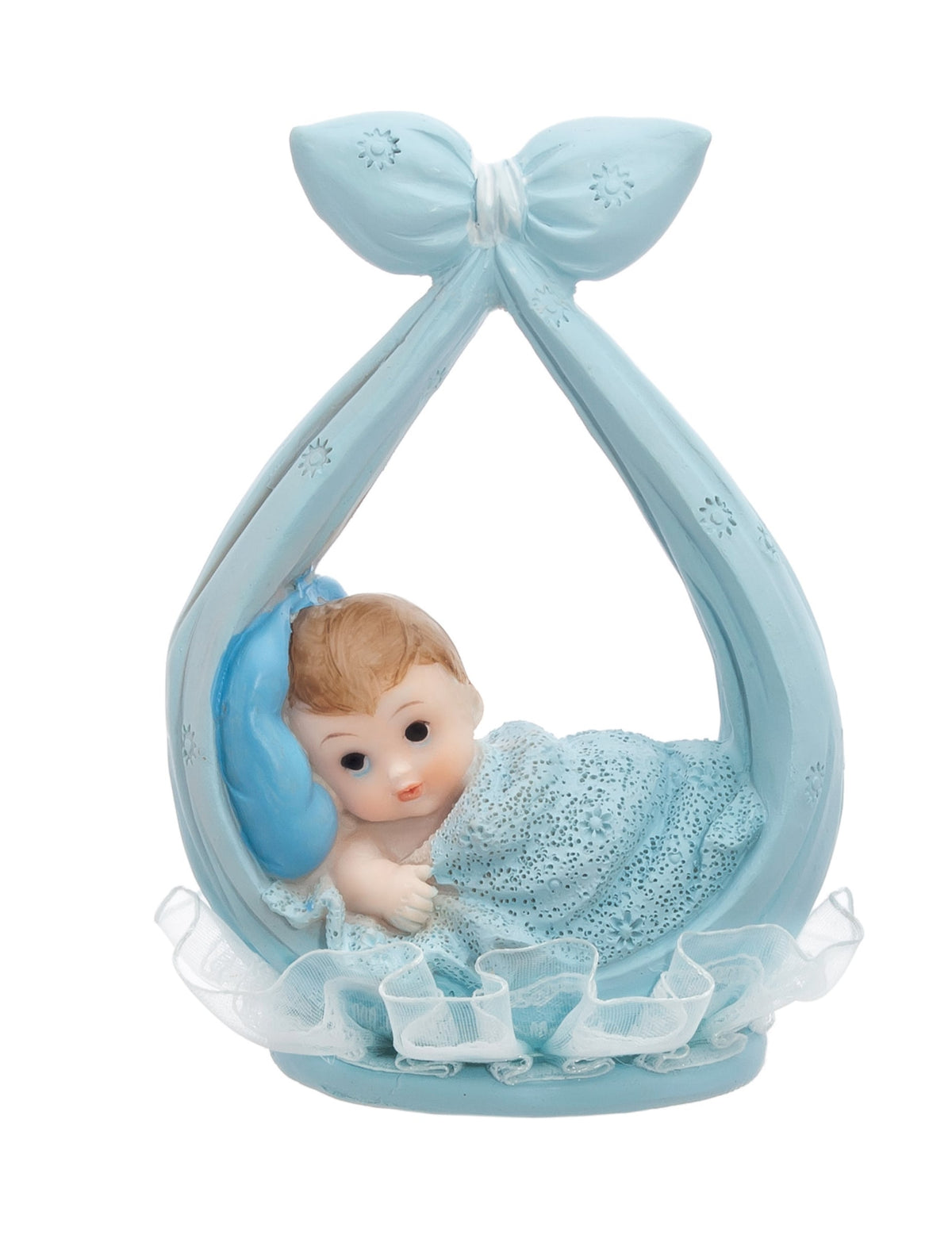 Figurinha de menino pequeno numa echarpe para baptizado azul