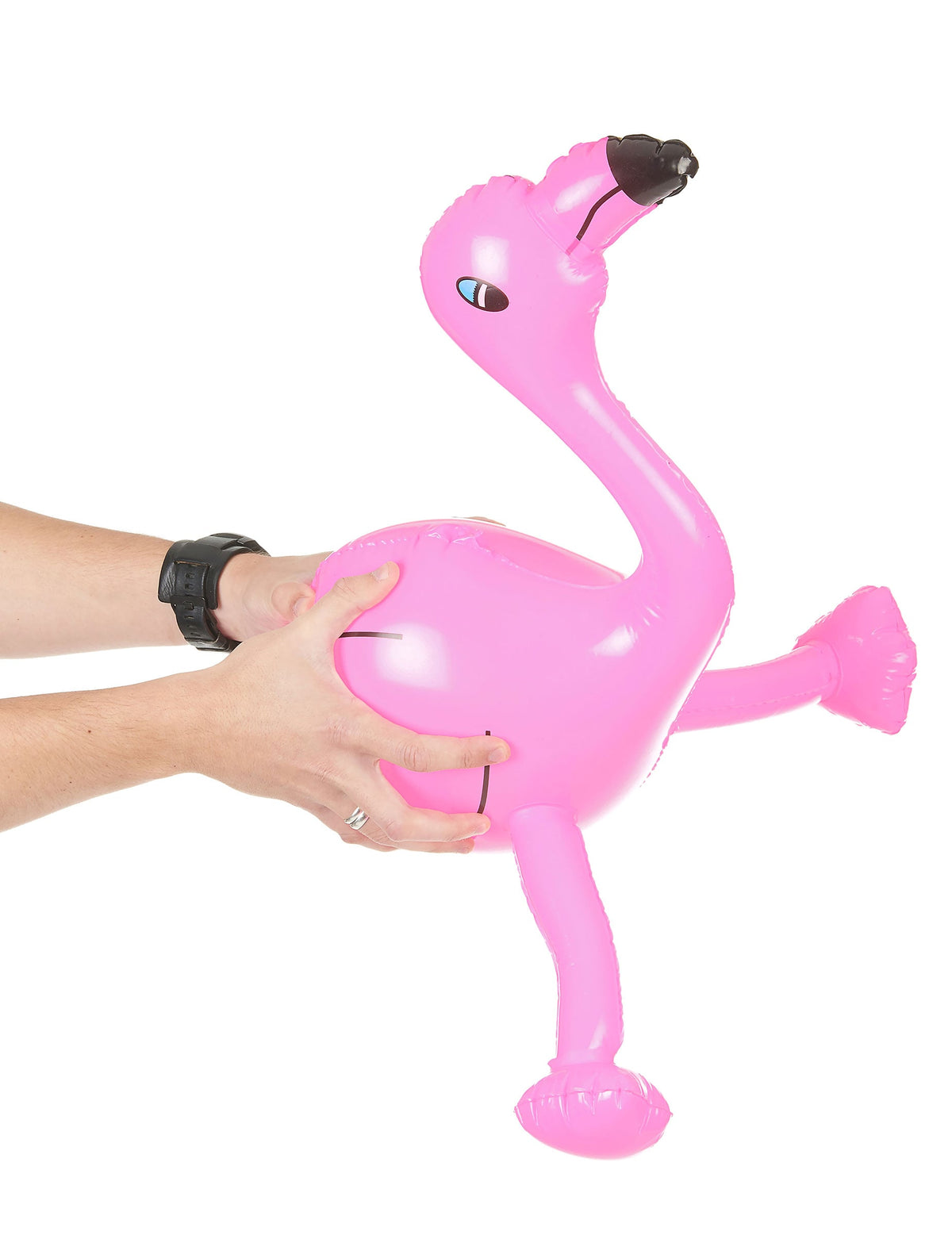 Vue de profil du flamant rose gonflable pour adulte