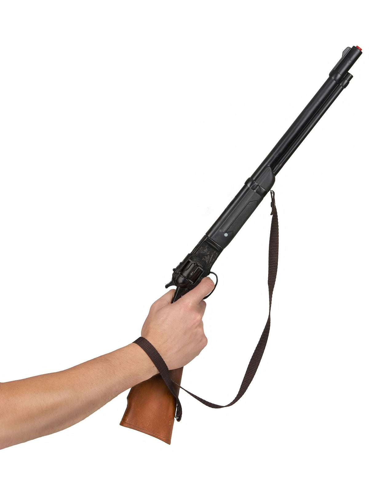 Détail de la prise en main et de la bandoulière du fusil 8 coups en plastique de cowboy