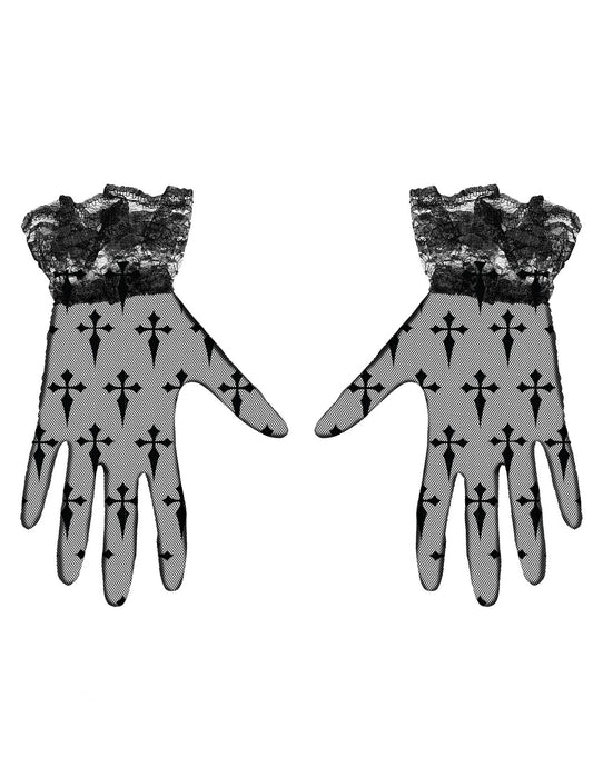 Vue à plat des gants courts à croix noires pour adulte