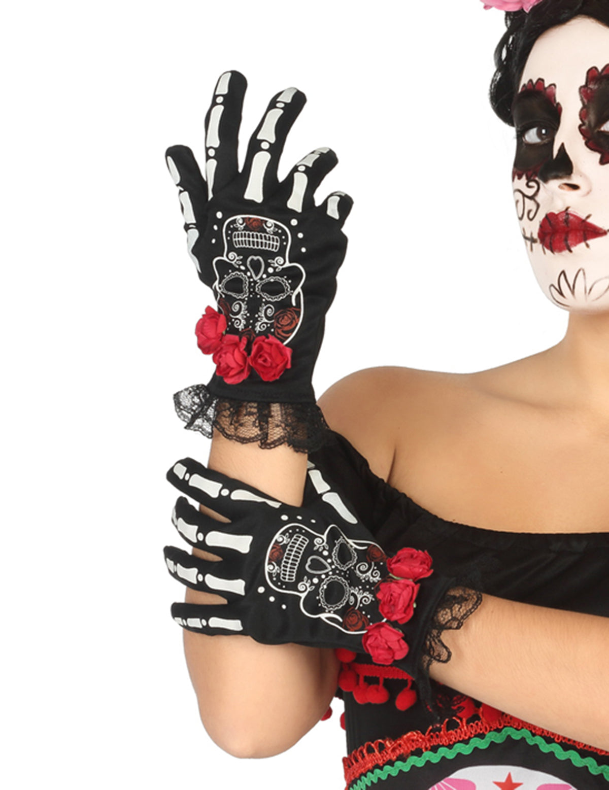 luvas curtas de esqueleto mexicano Dia de los muertos para mulher pretas com rosas vermelhas e renda