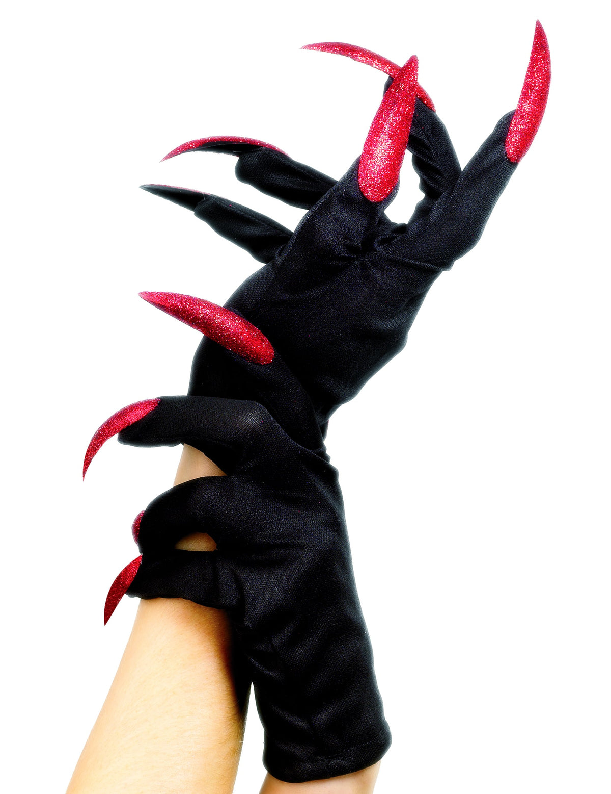 Gants avec faux ongles de sorcière Halloween pour adulte noirs avec griffes rouges pailletées
