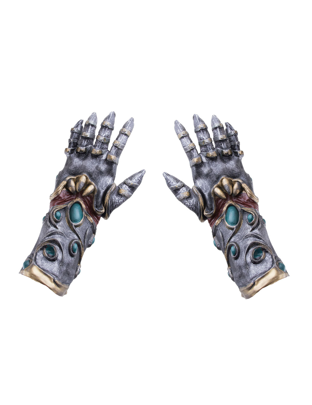 Gants de guerrier en latex pour adulte gris et or avec gemmes bleues