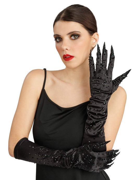 Luvas pretas com strass e unhas postiças adulto